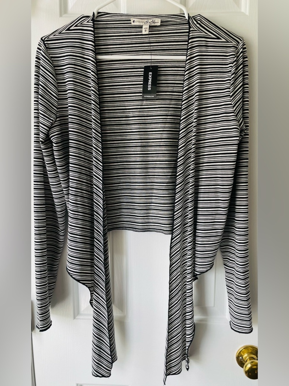 Express Black and White Striped Open-Front Cardigan